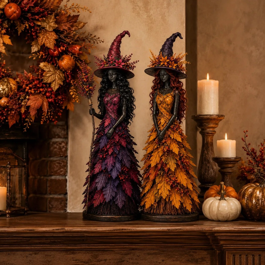 🧙 Enchanted Autumn Witch Figurine – Halloween Leaf Dress Tabletop Ornament for Mantel, Shelf & Cosy Seasonal Decor