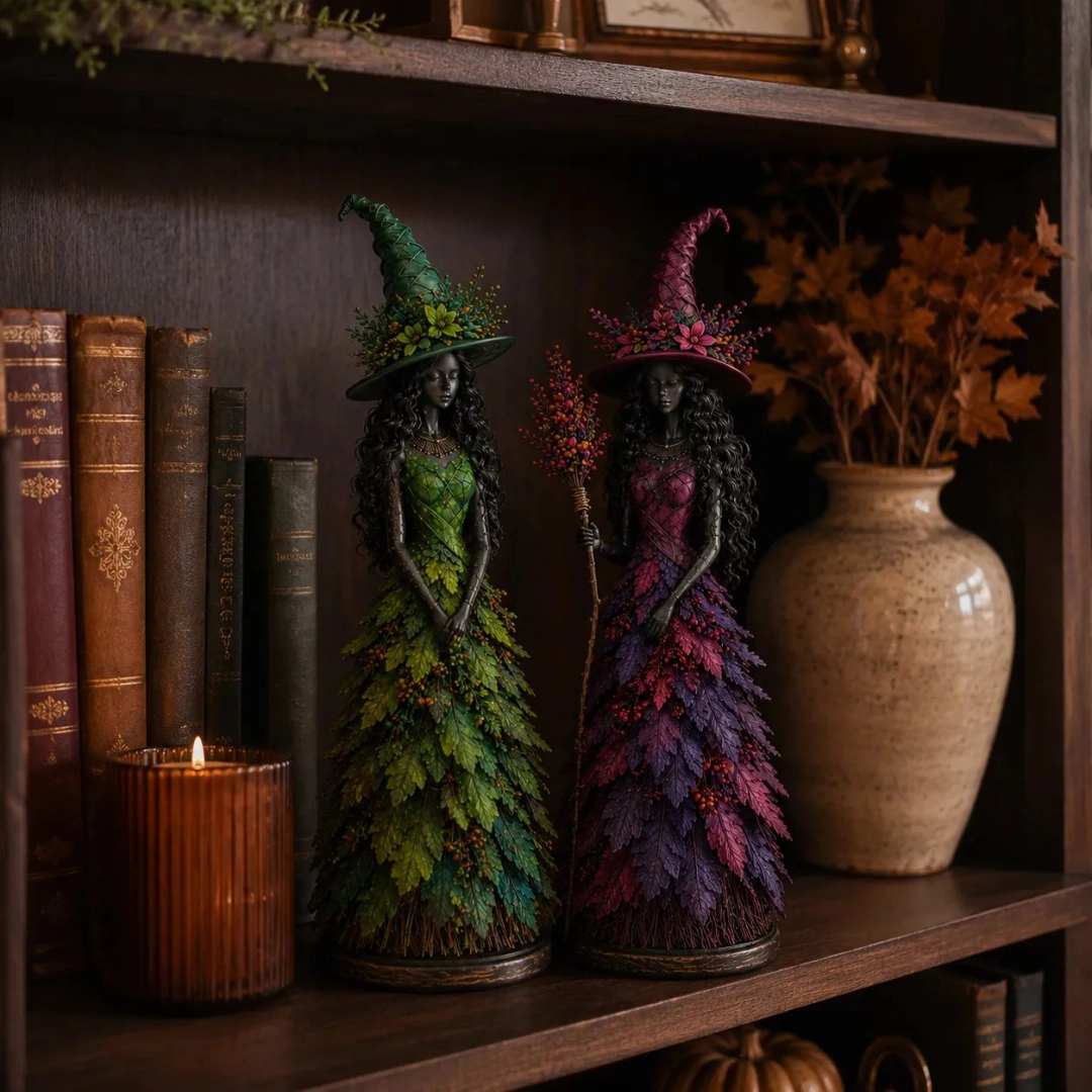 🧙 Enchanted Autumn Witch Figurine – Halloween Leaf Dress Tabletop Ornament for Mantel, Shelf & Cosy Seasonal Decor