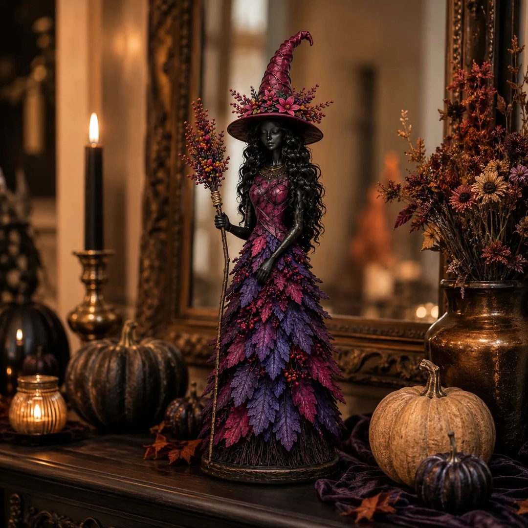 🧙 Enchanted Autumn Witch Figurine – Halloween Leaf Dress Tabletop Ornament for Mantel, Shelf & Cosy Seasonal Decor