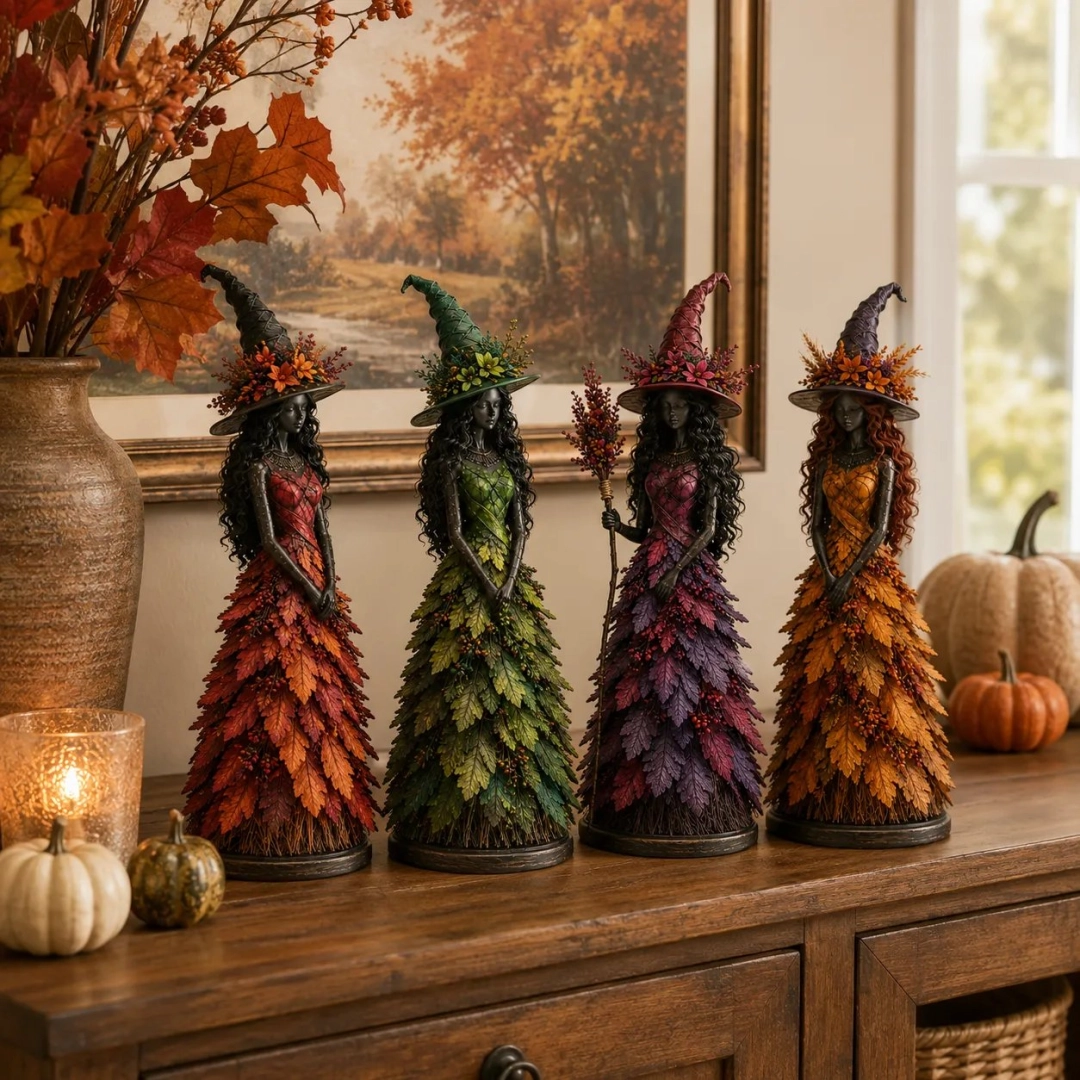 🧙 Enchanted Autumn Witch Figurine – Halloween Leaf Dress Tabletop Ornament for Mantel, Shelf & Cosy Seasonal Decor