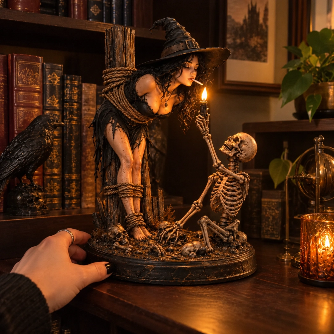 🧙Witch & Skeleton Candle Scene Figurine – Dark Gothic Halloween Tabletop Decor