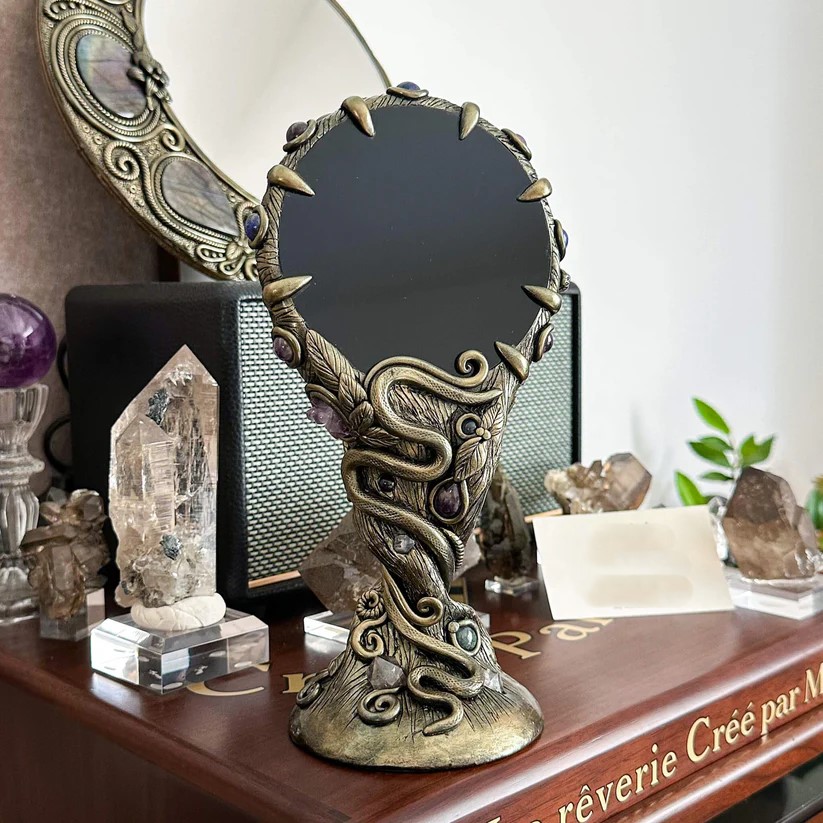 💎Medusa Snake Tree Obsidian Scrying Mirror Stand Crystal Witch Decor