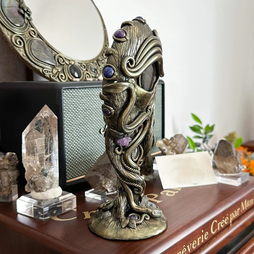 💎Medusa Snake Tree Obsidian Scrying Mirror Stand Crystal Witch Decor