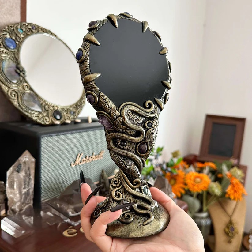 💎Medusa Snake Tree Obsidian Scrying Mirror Stand Crystal Witch Decor