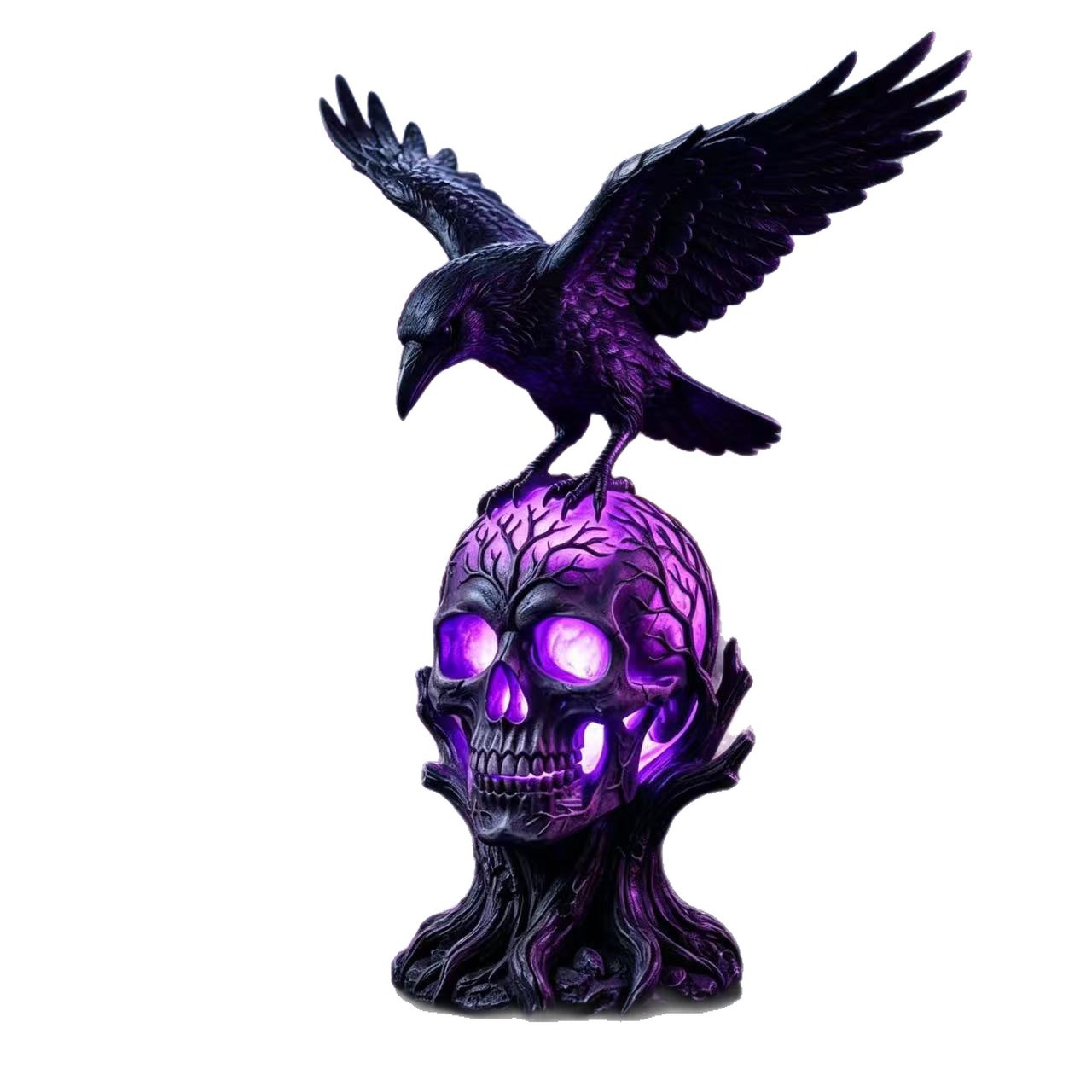 Raven Perched on Glowing Skull LED Statue