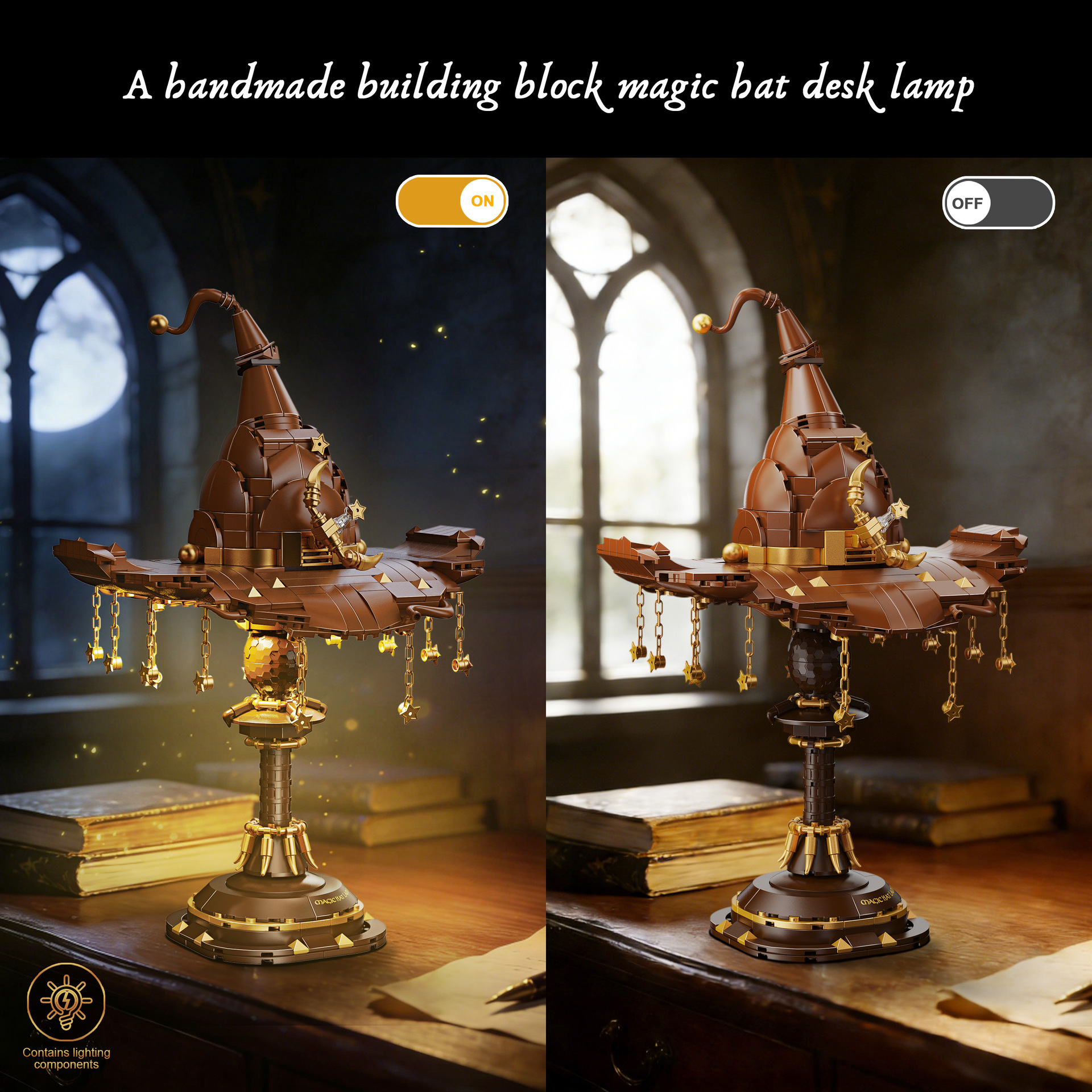 🧙Magic Hat Building Blocks Desk Lamp, Wizard Sorting Hat LED Lighting Brick Model Set