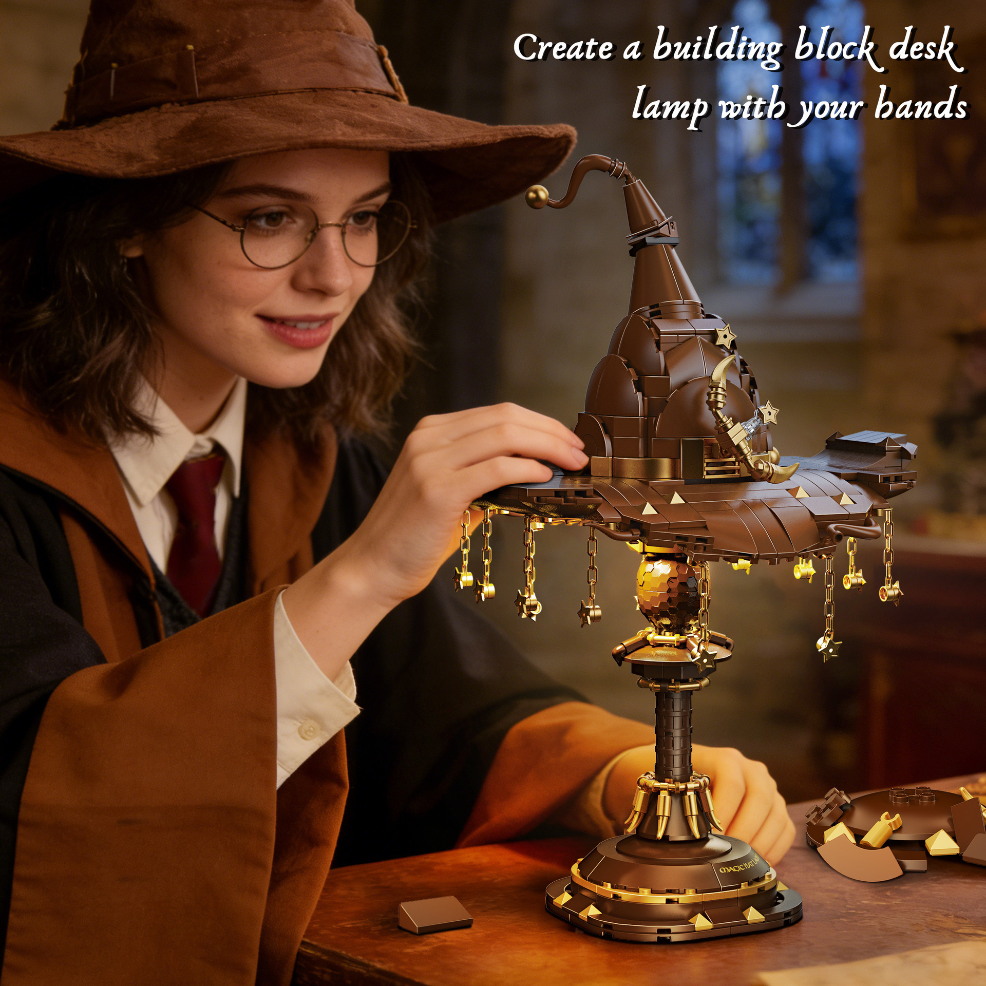 🧙Magic Hat Building Blocks Desk Lamp, Wizard Sorting Hat LED Lighting Brick Model Set