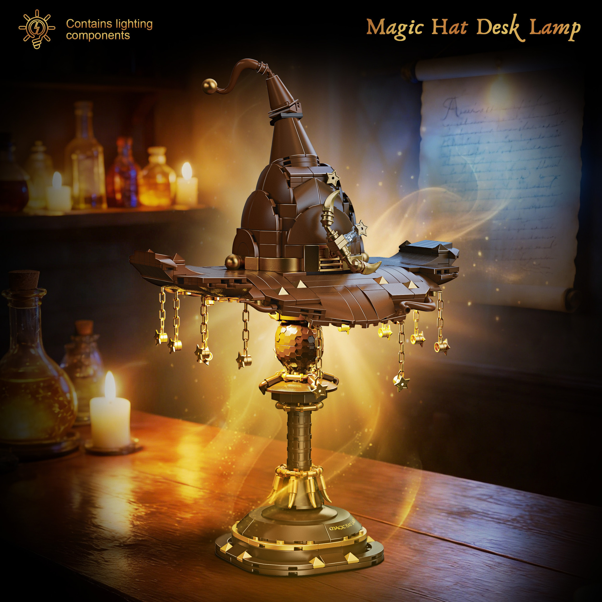 🧙Magic Hat Building Blocks Desk Lamp, Wizard Sorting Hat LED Lighting Brick Model Set