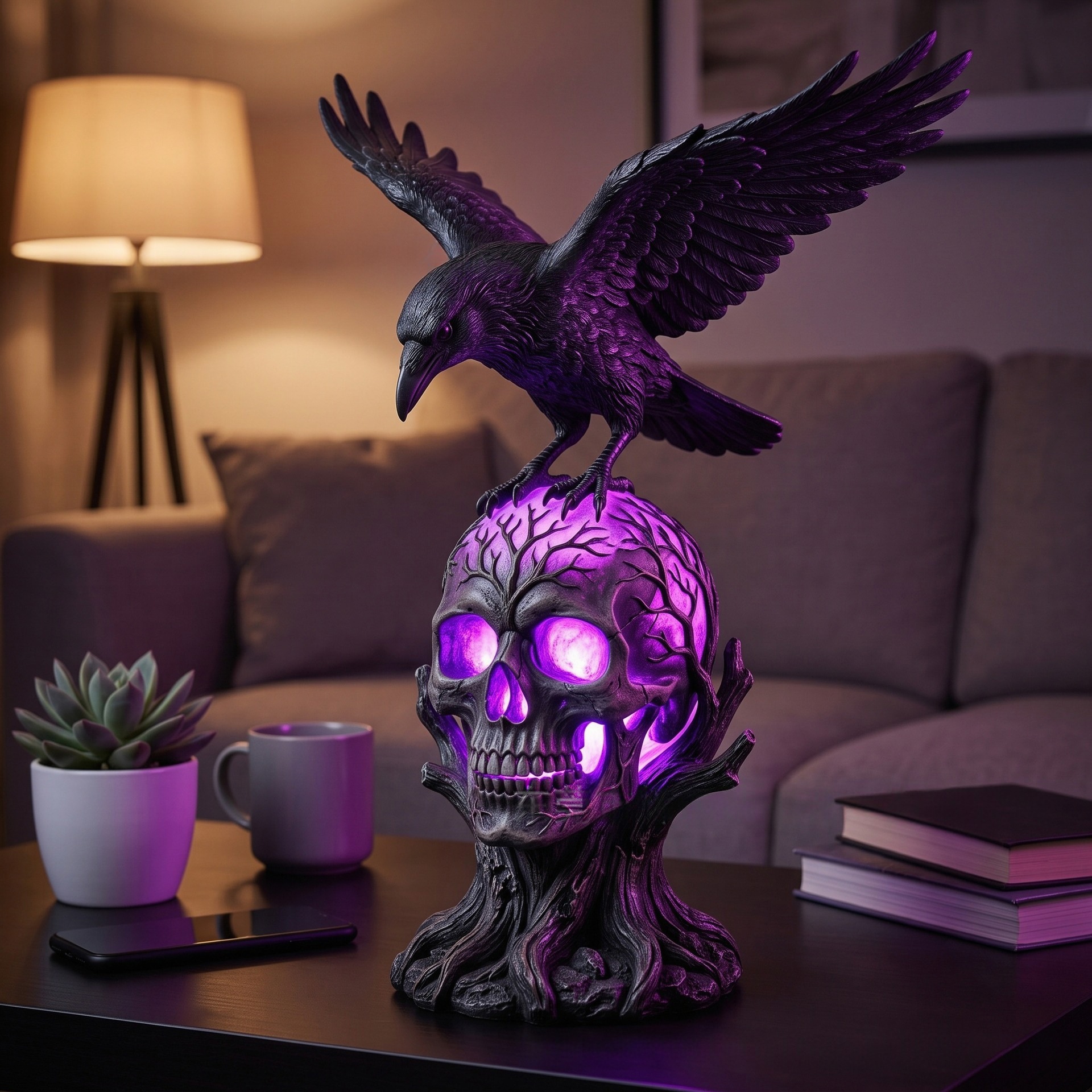 Raven Perched on Glowing Skull LED Statue