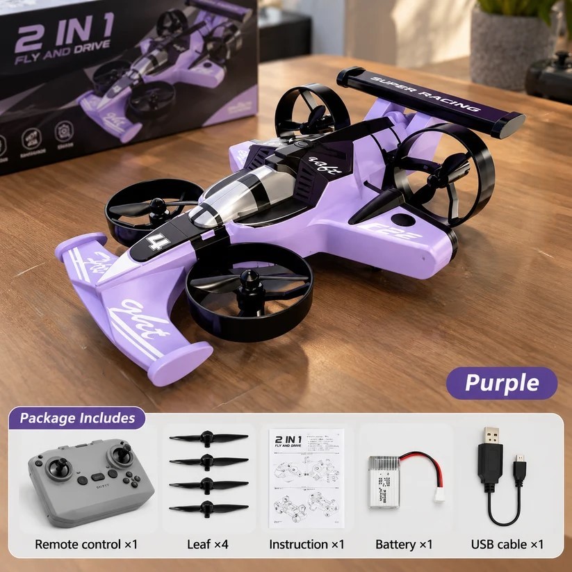 Purple 2‑in‑1 Flying RC Car full package