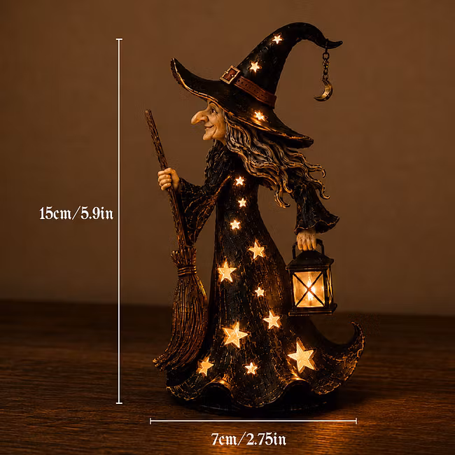 Starlight Witch Night Light Figurine | Halloween Witch Ornament with Warm LED Lights
