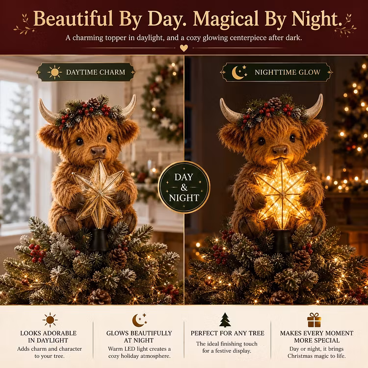 🎄Baby Highland Cow Glowing Star Tree Topper✨
