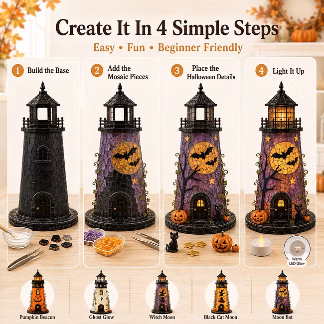 🎃Lighted Halloween Lighthouse DIY Kit – Sea Glass-Style Mosaic Collection