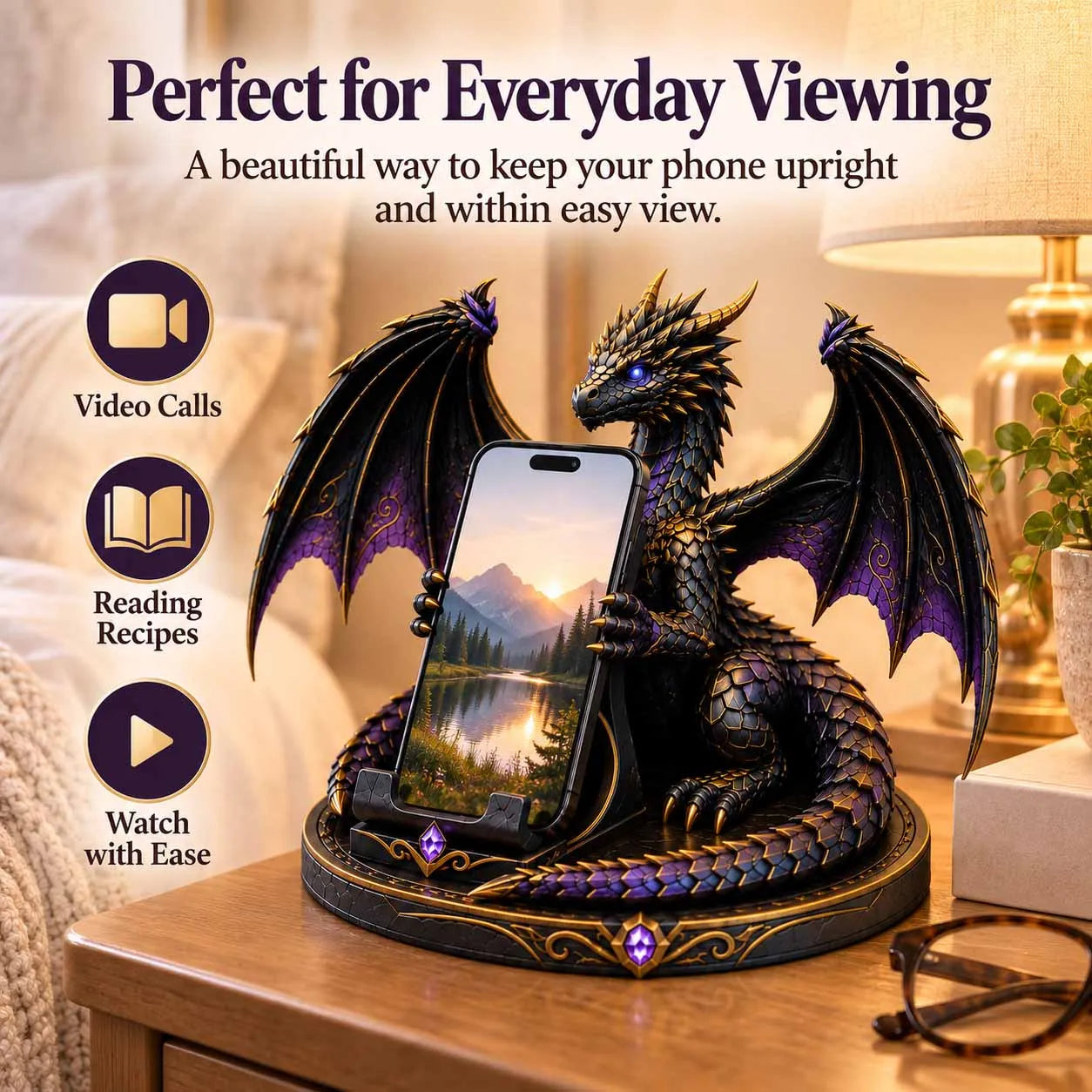 Dragon stand supporting a phone for everyday viewing