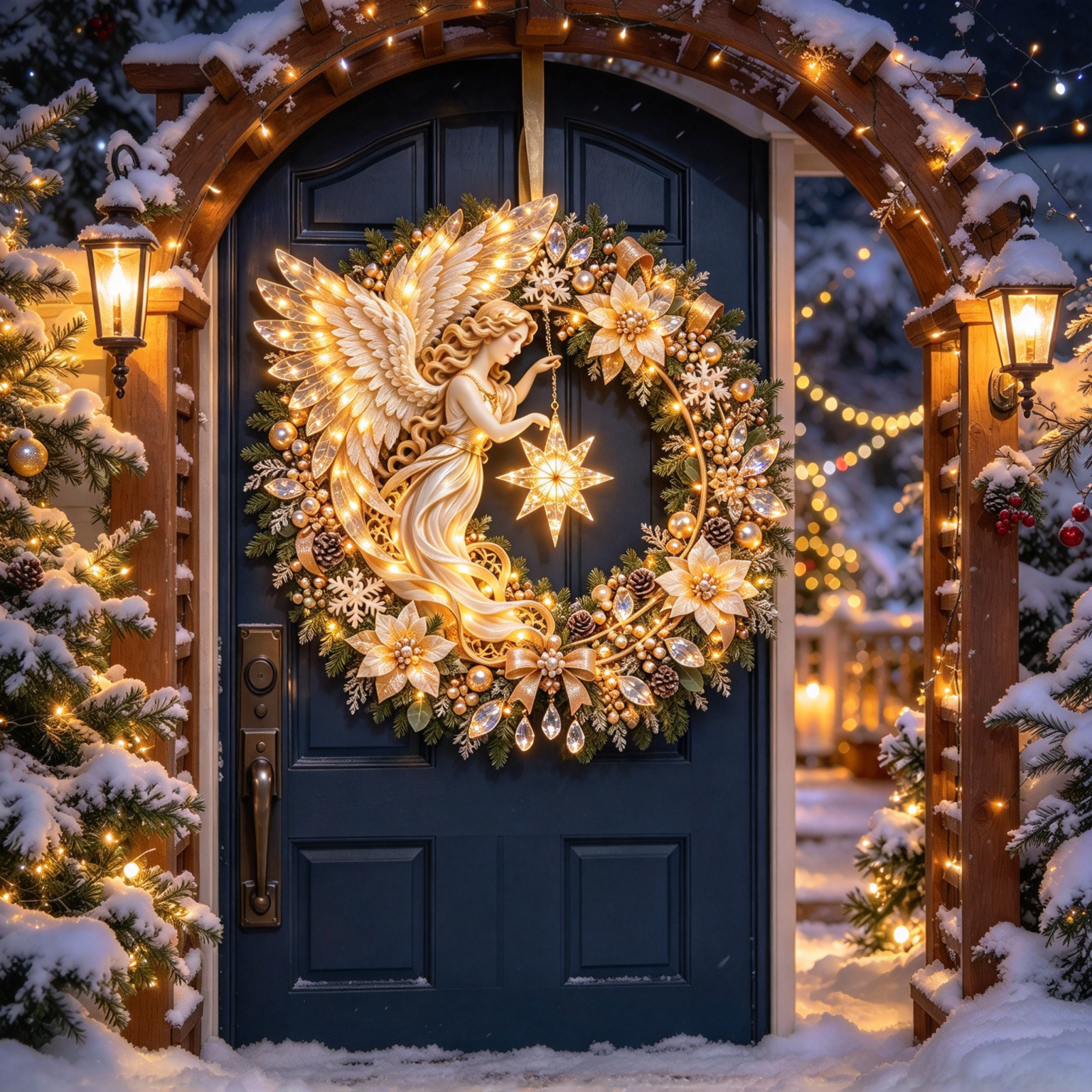 Heavenly Angel Christmas Wreath glowing on snowy front door at night