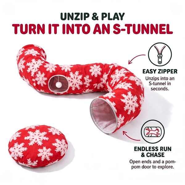 Christmas cat tunnel showing zippered construction and different tunnel arrangements