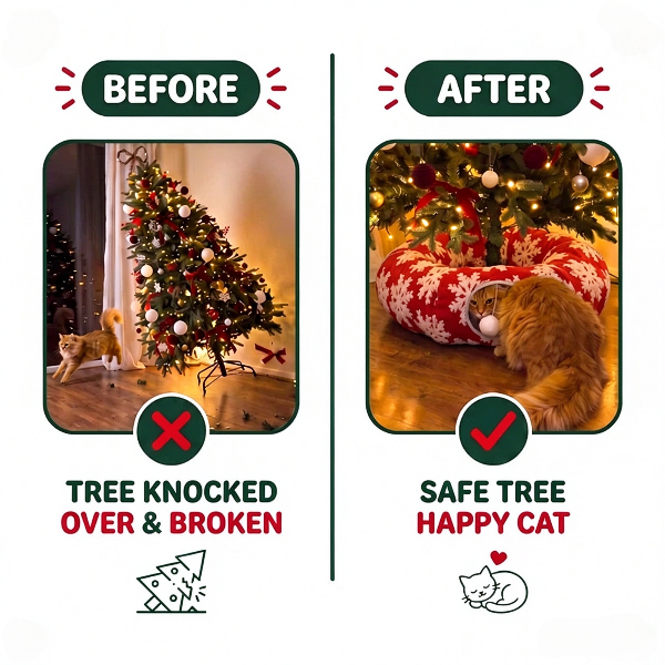 Christmas cat tunnel bed demonstrating a cozy hiding space beneath a tree