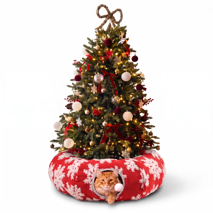 Christmas cat tunnel bed arranged as a round tree skirt underneath a decorated tree