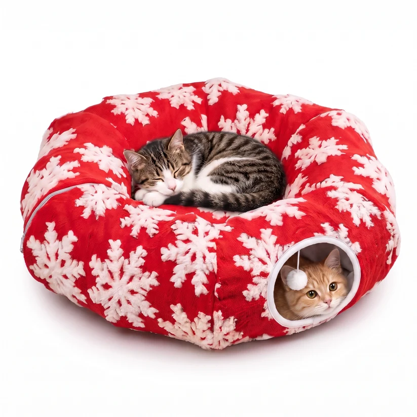 Red Christmas cat tunnel bed with white snowflake plush accents