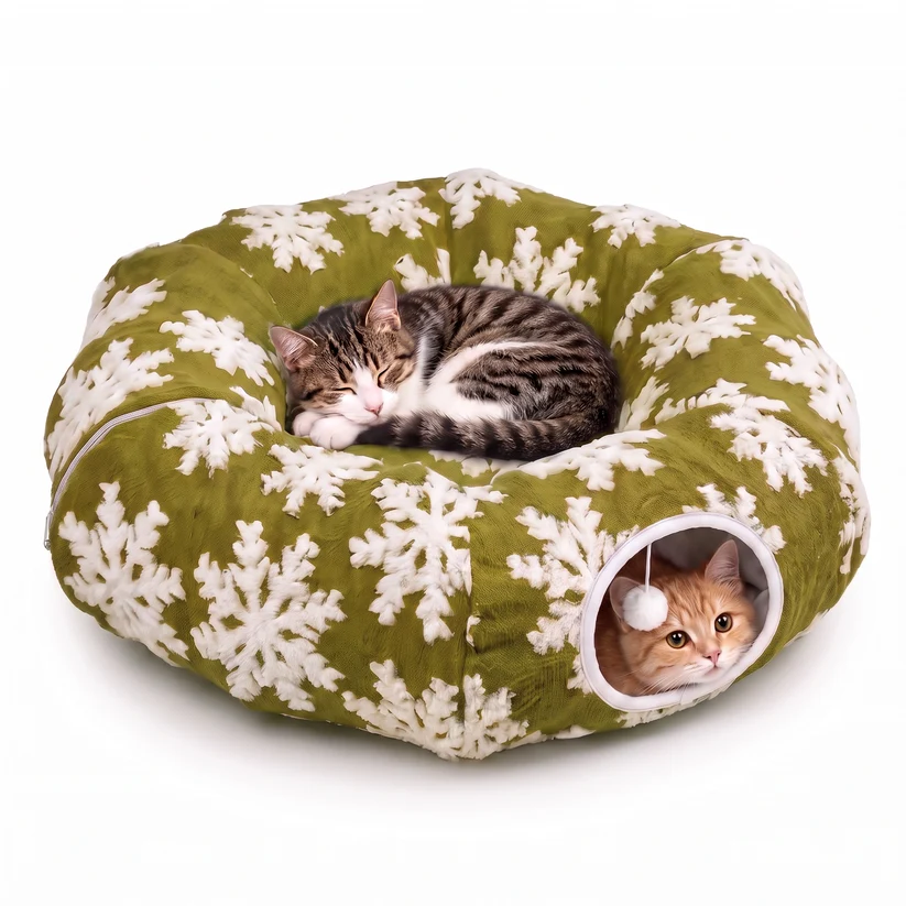 Green Christmas cat tunnel bed with white snowflake plush accents