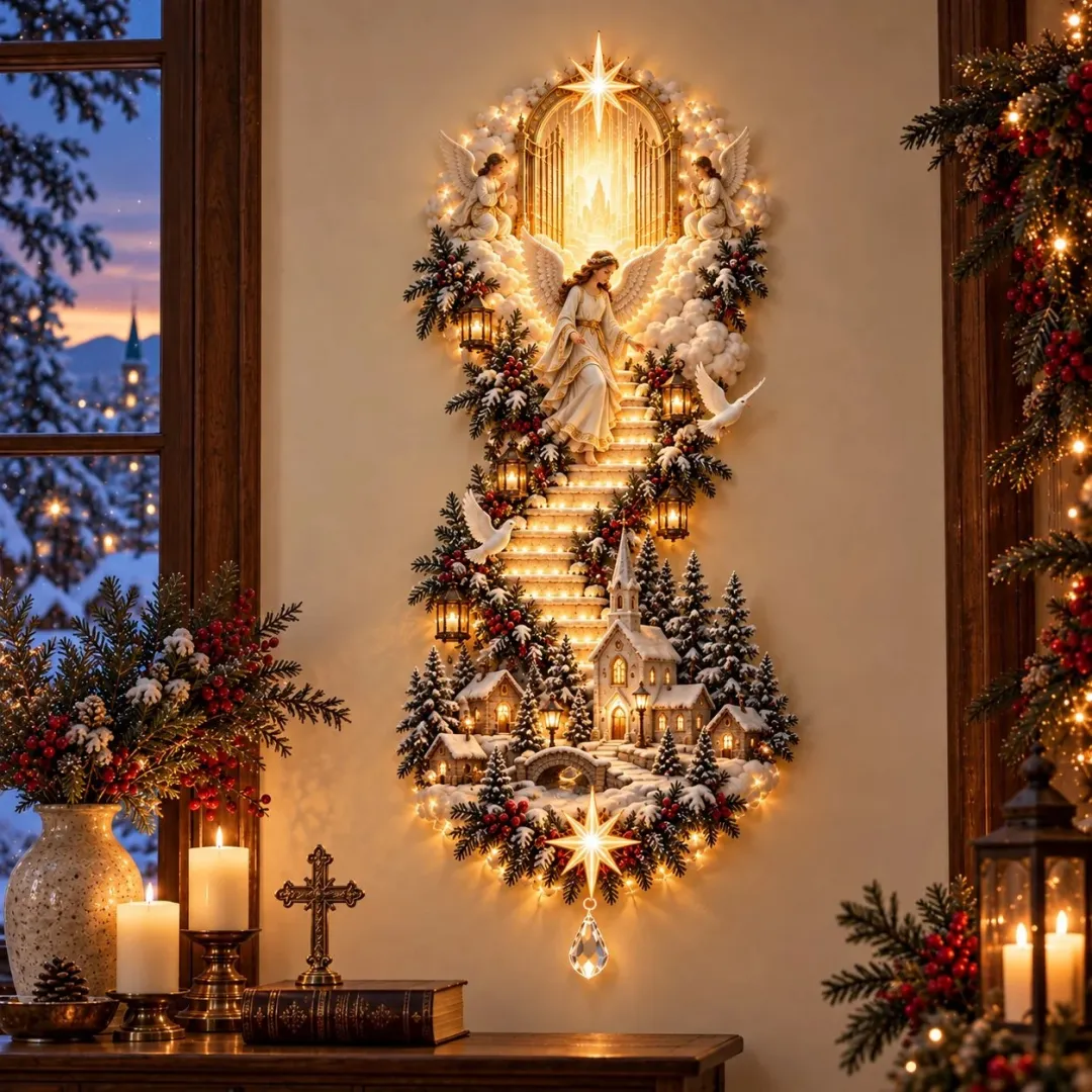 ✝️👼 Radiant Nativity Lighted Wall Hanging – Holy Family & Angel Design ✨