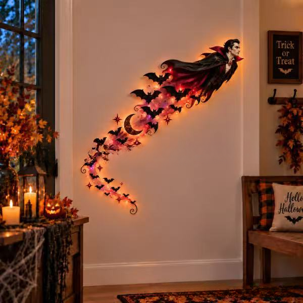  🌙 Witching Flight – Lighted Halloween Wall Decor | Animated Flying Witch & Bat Scene 🌙