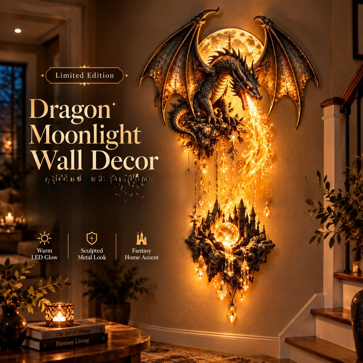 🐉 Lunar Dragon Wall Decor – Lighted Fantasy Castle Wall Sculpture 🐉