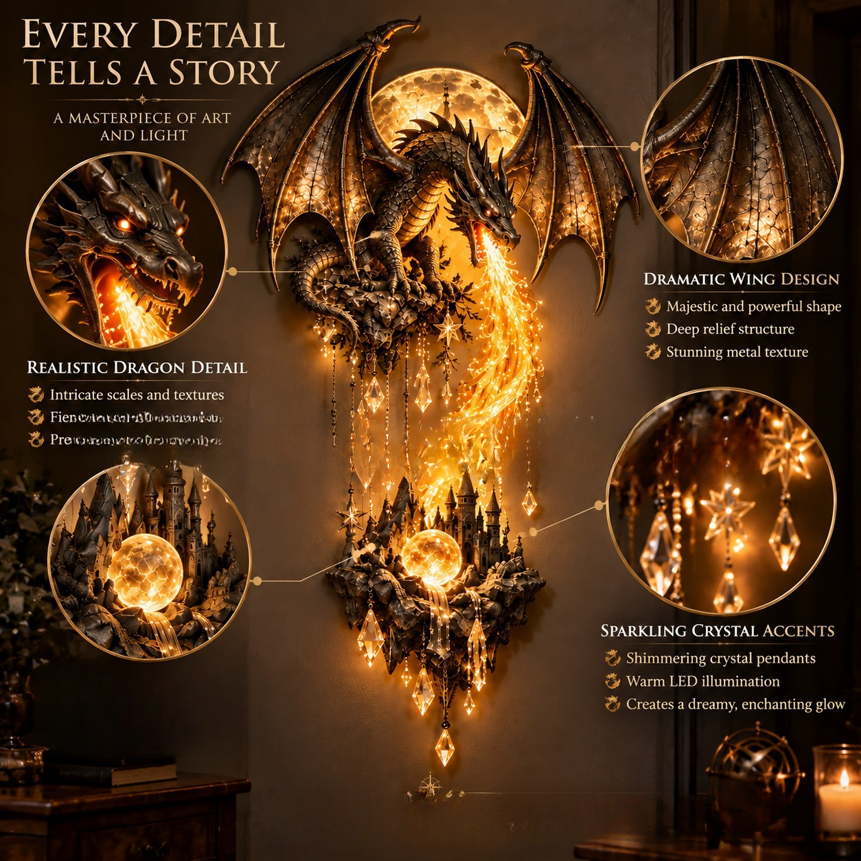 🐉 Lunar Dragon Wall Decor – Lighted Fantasy Castle Wall Sculpture 🐉