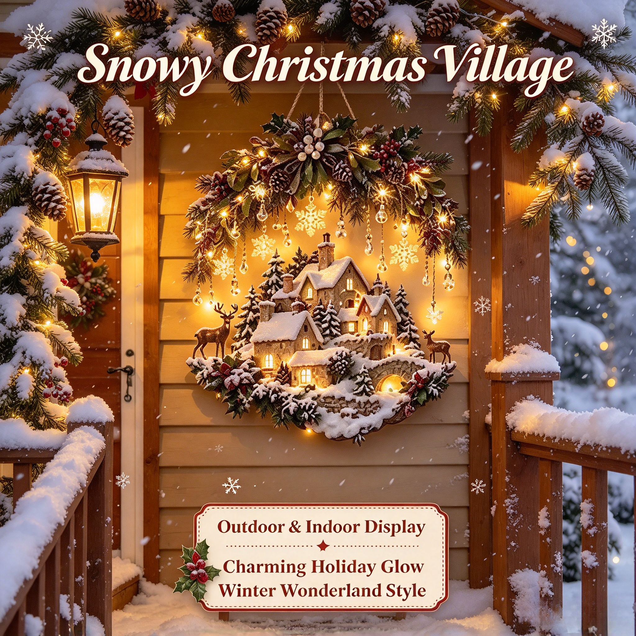 Day and night comparison of lighted christmas village wall decor
