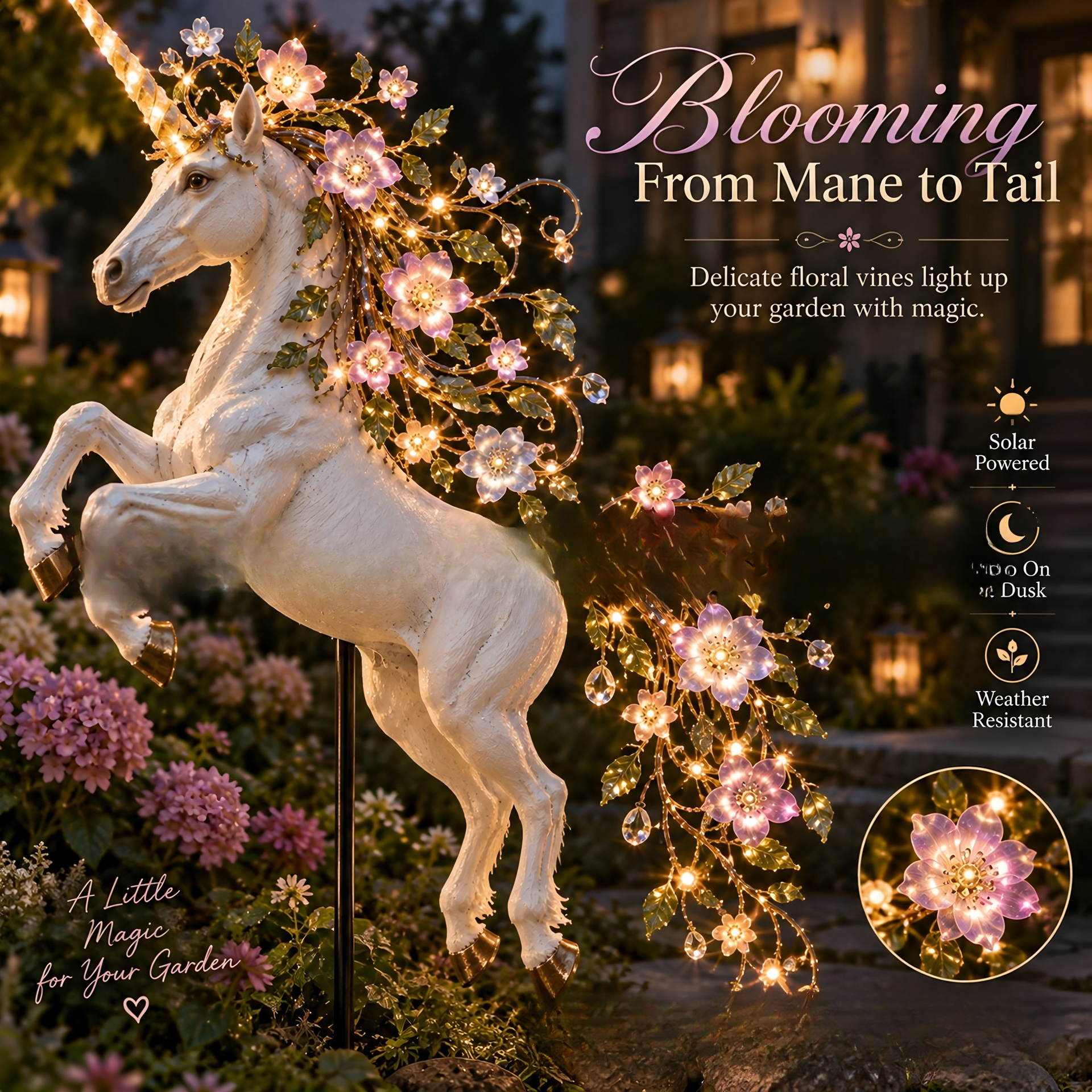  🐎 Blossom Steed – Lighted Floral Unicorn Garden Stake | Solar-Powered Yard Decor 🐎