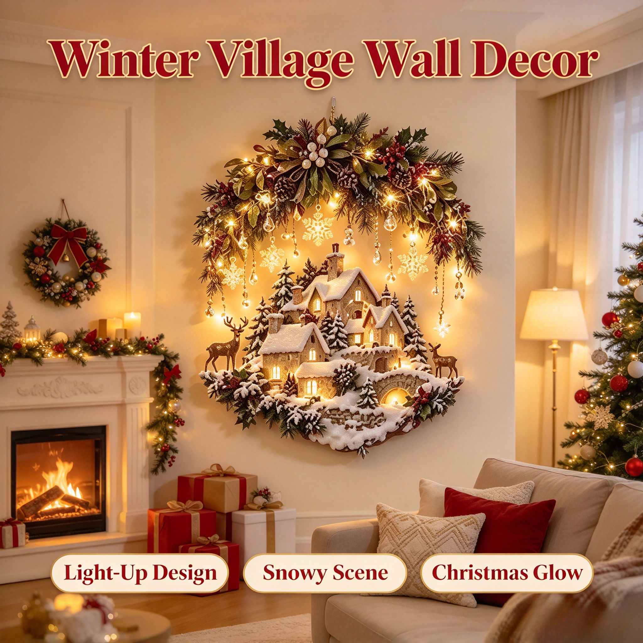 🔥 LAST DAY 49% OFF 🔥 Lighted Winter Country Christmas Village Wall Decor | Festive LED Holiday Wall Art For Home 🏡❄️✨