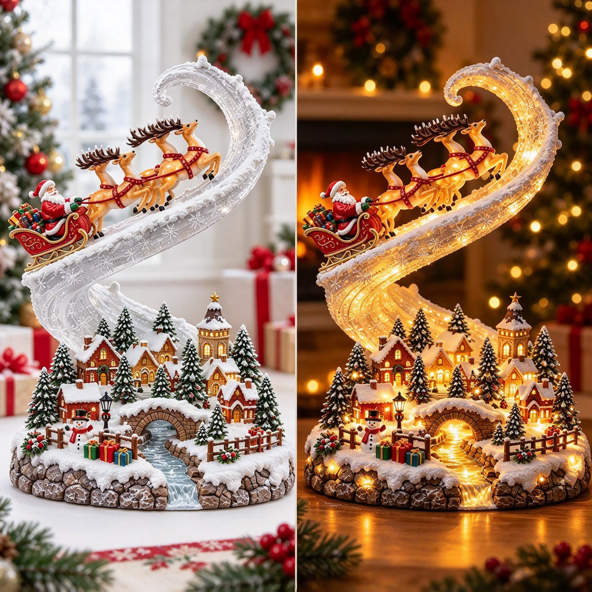 Santa sleigh and reindeer glowing village