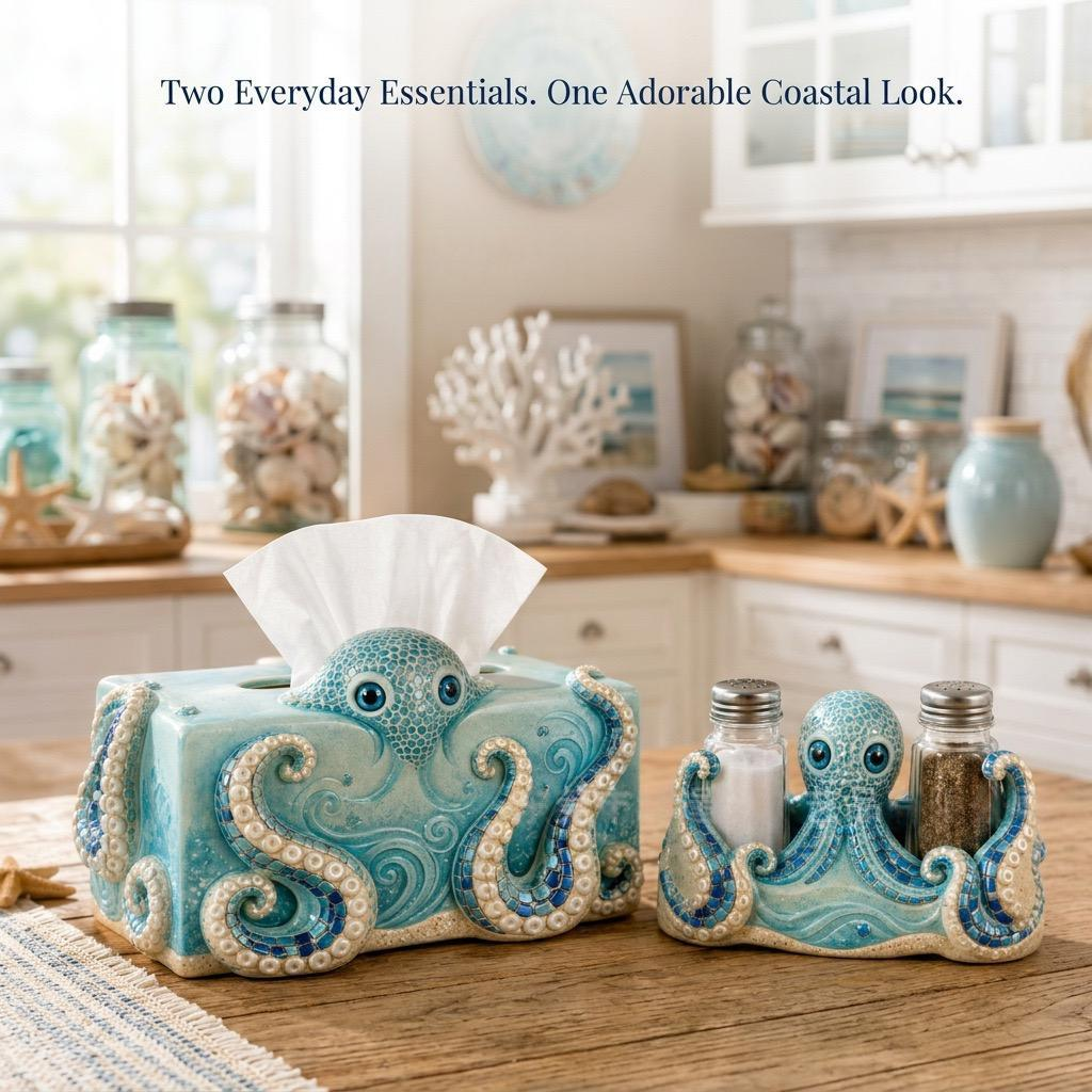 Coastal Octopus Tissue Box & Salt Pepper Shaker Holder Set