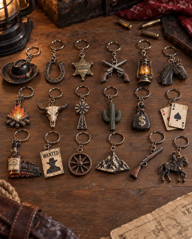 Vintage western advent calendar keychain collection with different cowboy motifs