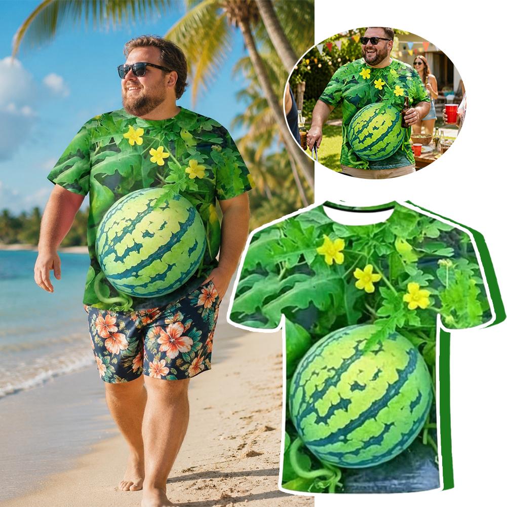 Funny 3D Watermelon Belly T Shirt, Summer Fruit Graphic Tee, Novelty Dad BOD Shirt, Lightweight Loose Fit