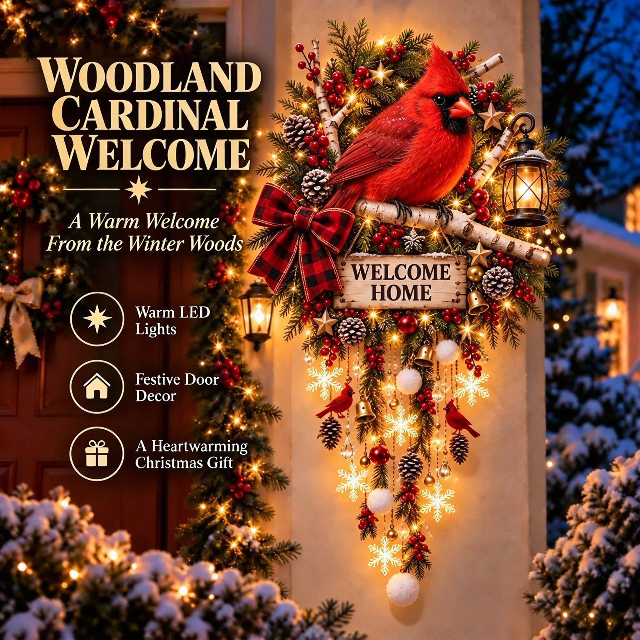 Warm glowing owl Christmas door decoration