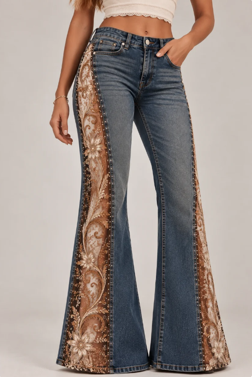 🔥 LAST DAY 49% OFF 🔥 Lace Floral Embroidery Rhinestone Flare Jeans | Western Boho Bell Bottom Pants 🤠✨