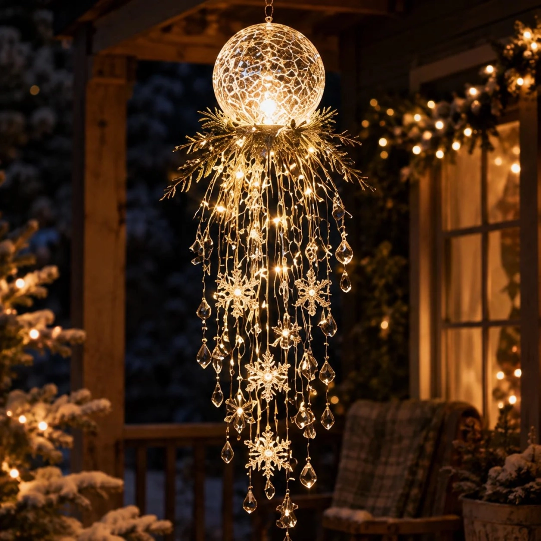 Frostfall Crystal Ornament – Hanging Snowflake LED Porch Light❄️