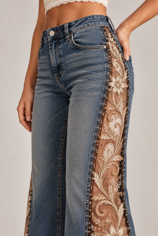 🔥 LAST DAY 49% OFF 🔥 Lace Floral Embroidery Rhinestone Flare Jeans | Western Boho Bell Bottom Pants 🤠✨