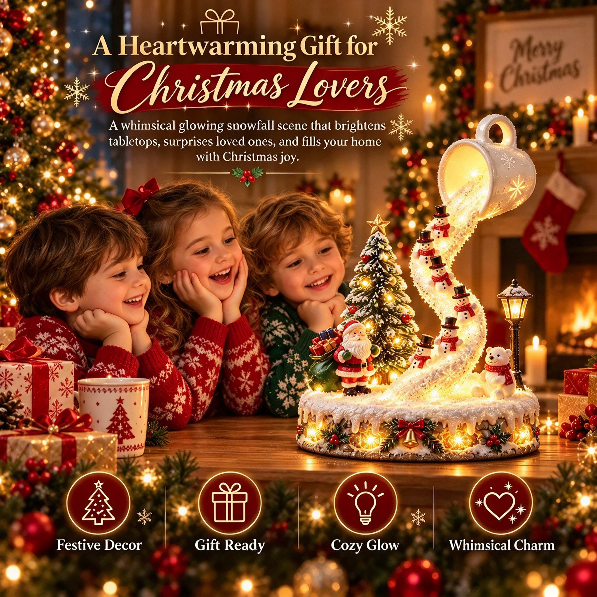 Cup pouring snow with snowmen and Santa
