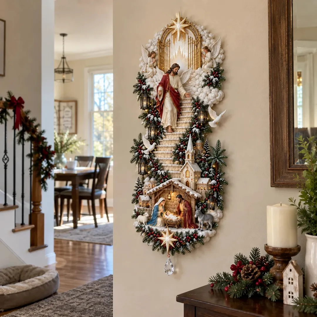 ✝️👼 Radiant Nativity Lighted Wall Hanging – Holy Family & Angel Design ✨