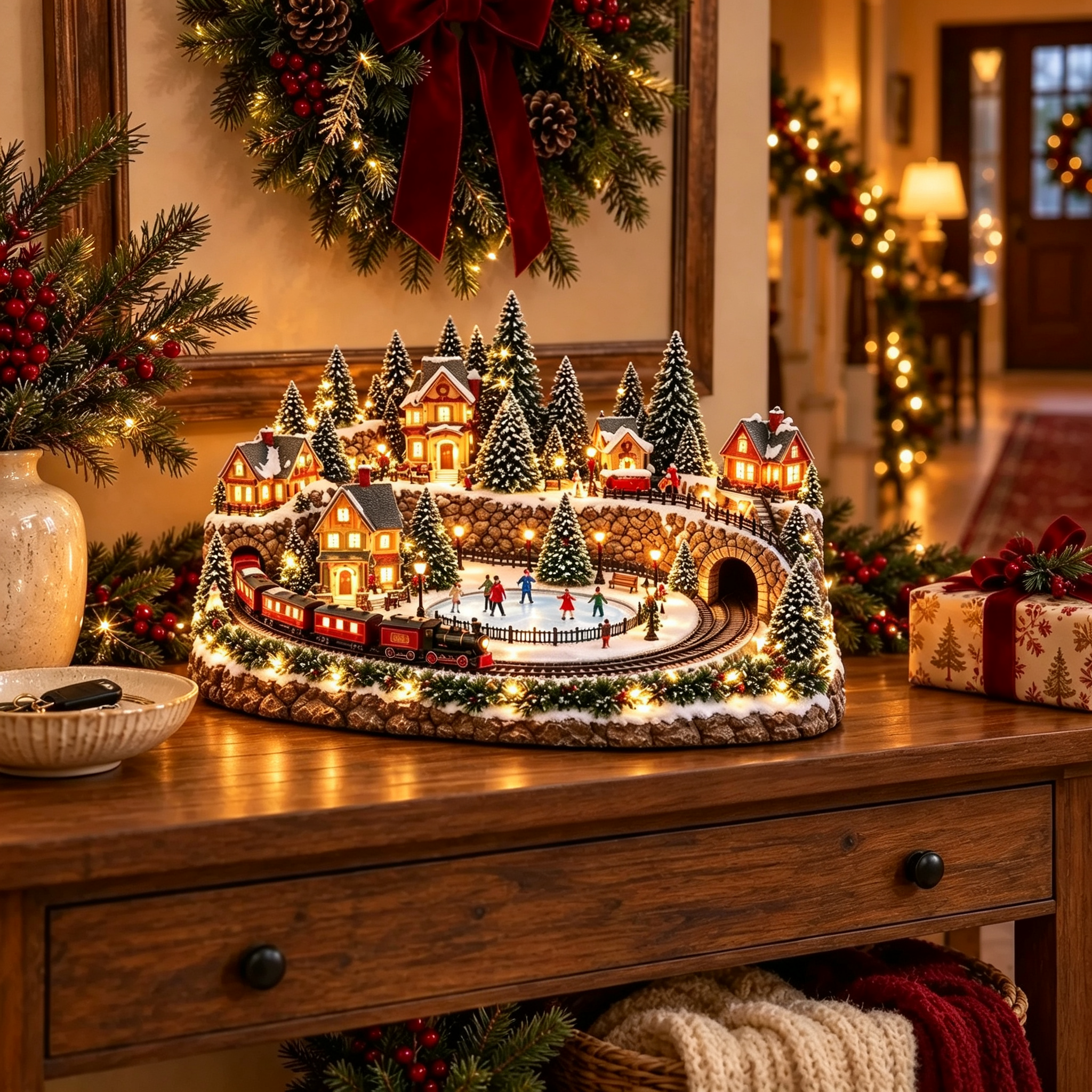 🚂 Animated Holiday Train & Ice Rink Scene – Lighted Christmas Tabletop Decor 🎄