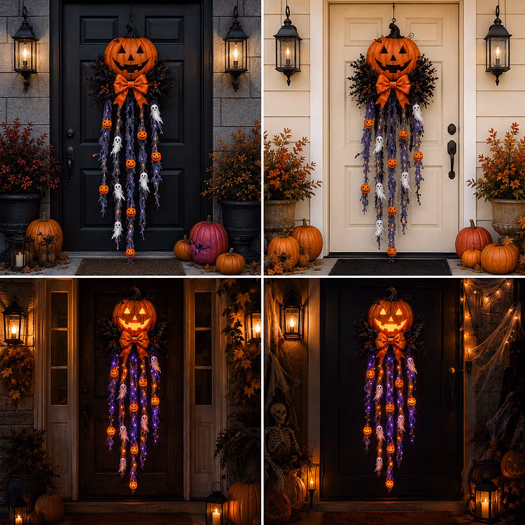 🎃 Haunted Glow – Lighted Pumpkin & Ghost Door Cascade 👻