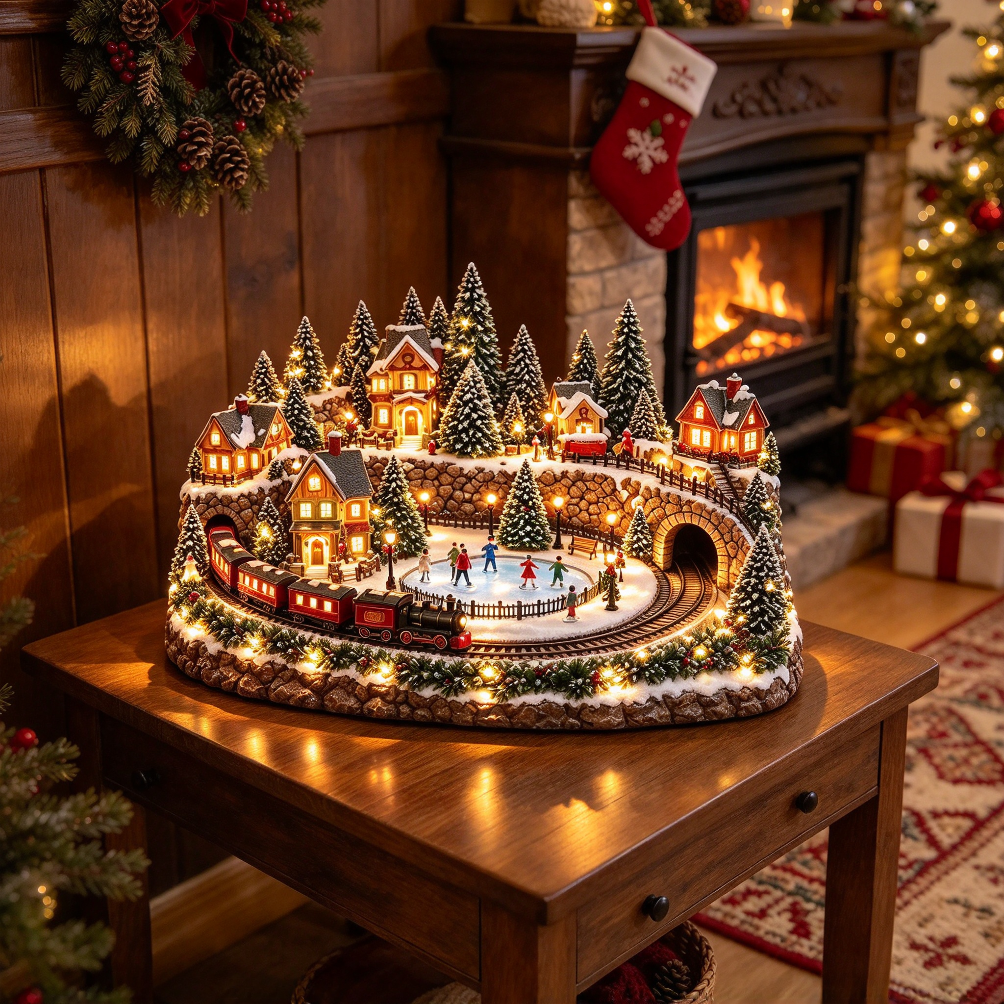 🚂 Animated Holiday Train & Ice Rink Scene – Lighted Christmas Tabletop Decor 🎄