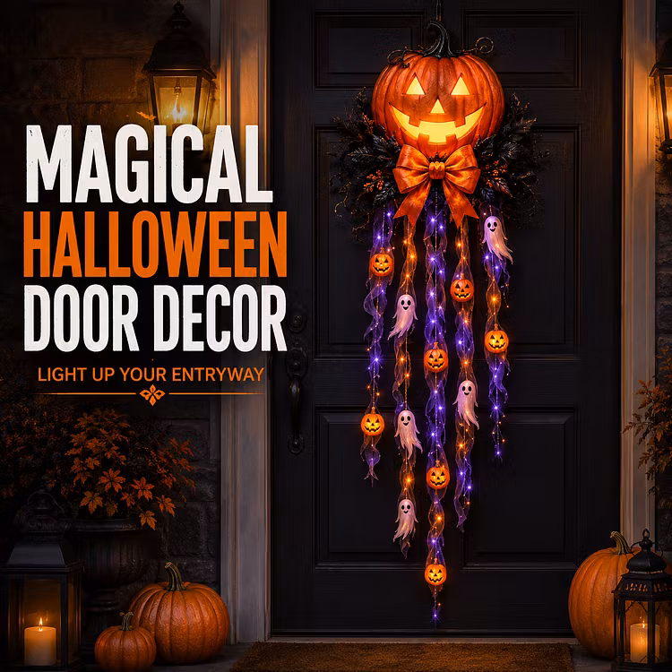 🎃 Haunted Glow – Lighted Pumpkin & Ghost Door Cascade 👻