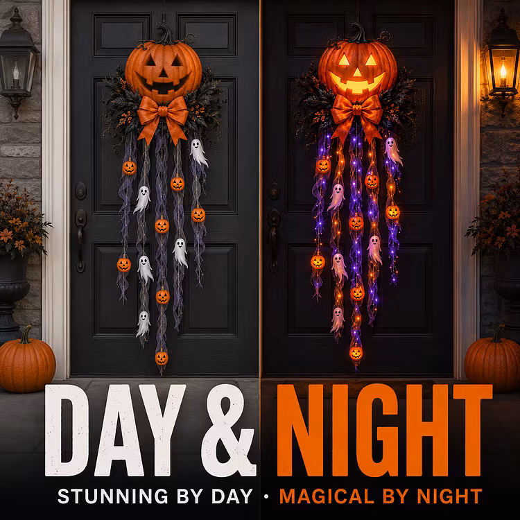 🎃 Haunted Glow – Lighted Pumpkin & Ghost Door Cascade 👻