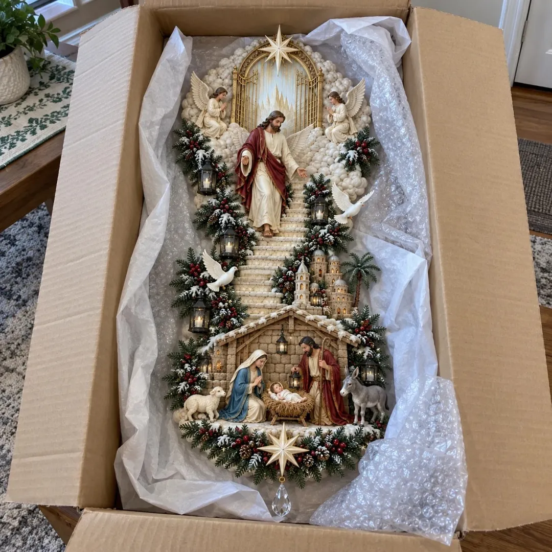 ✝️👼 Radiant Nativity Lighted Wall Hanging – Holy Family & Angel Design ✨