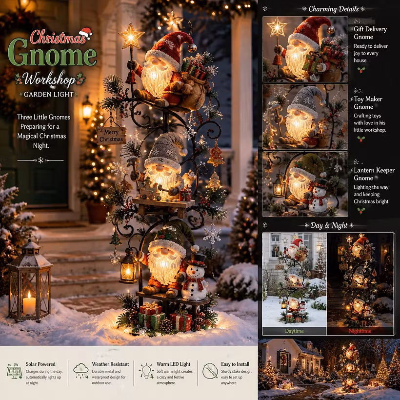 Gnome Workshop Solar Garden Light – Storybook Holiday Yard Decor🏡🎄