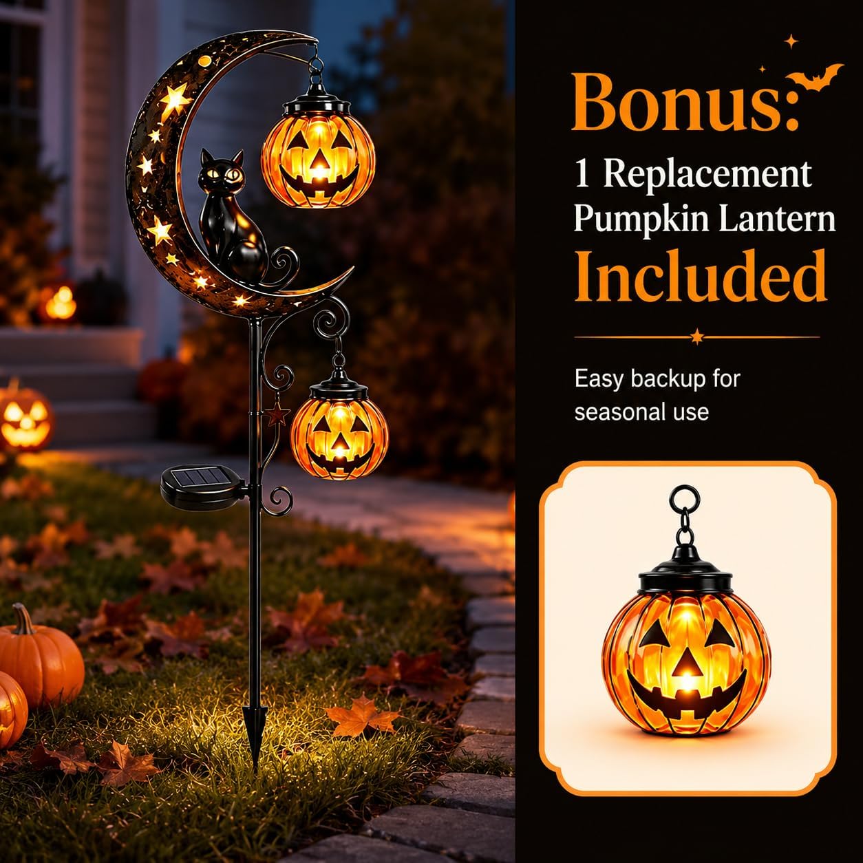 Solar Halloween Black Cat & Pumpkin Moon Garden Stake Light, Outdoor Waterproof LED Yard Decoration with Crescent Moon, Hanging Jack-o'-Lantern Lantern for Garden, Patio, Walkway, Porch (Style D)