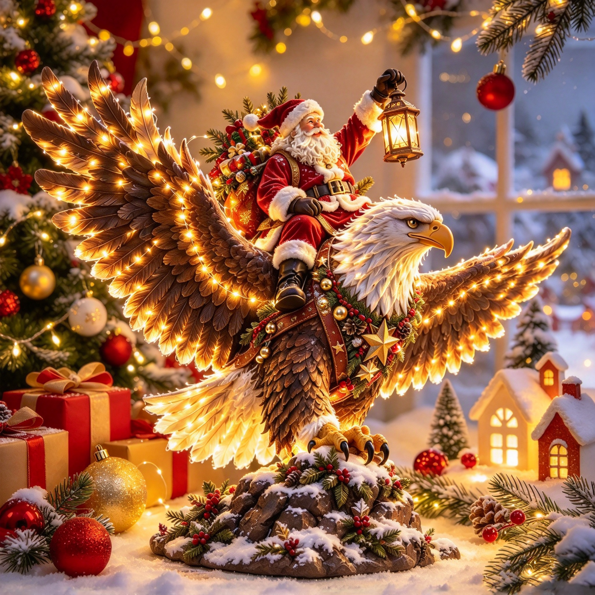 Santa riding a bald eagle with glowing lantern Christmas figurine